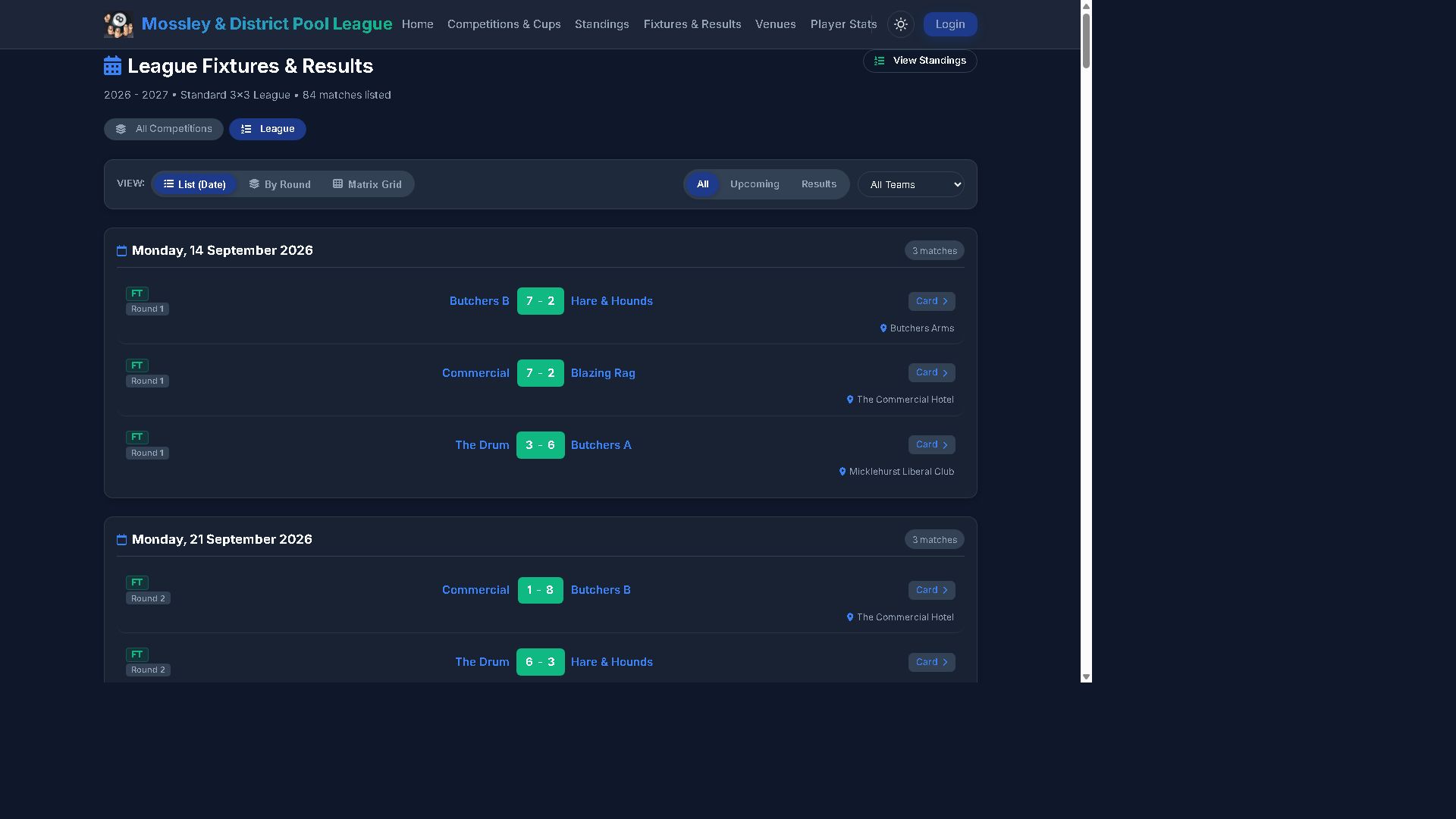 Fixtures and results list on the live demo
